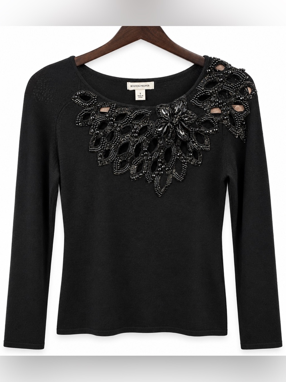 Boston Proper Black Long-Sleeve Top with Beaded Appliqué
